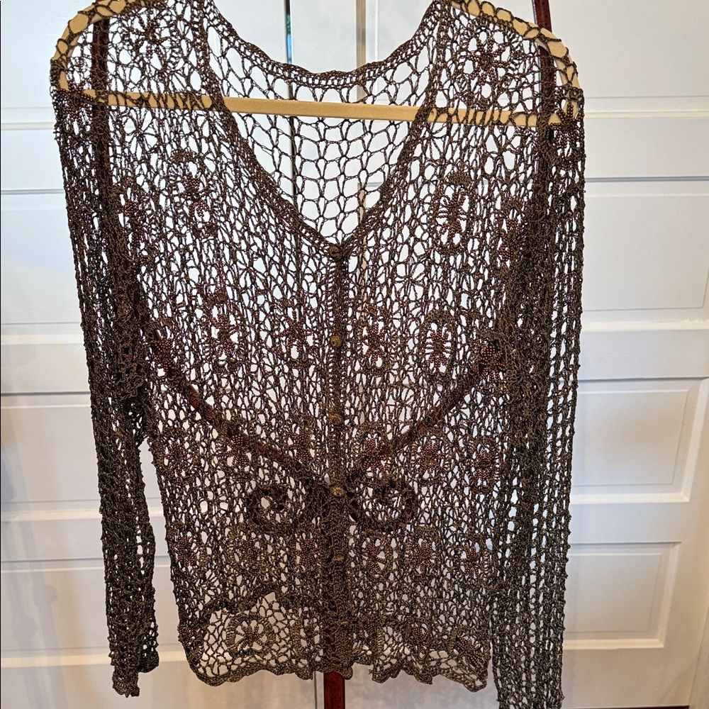 Boho Crochet Beaded Cardigan Bronze Open Knit rave  Festival Top